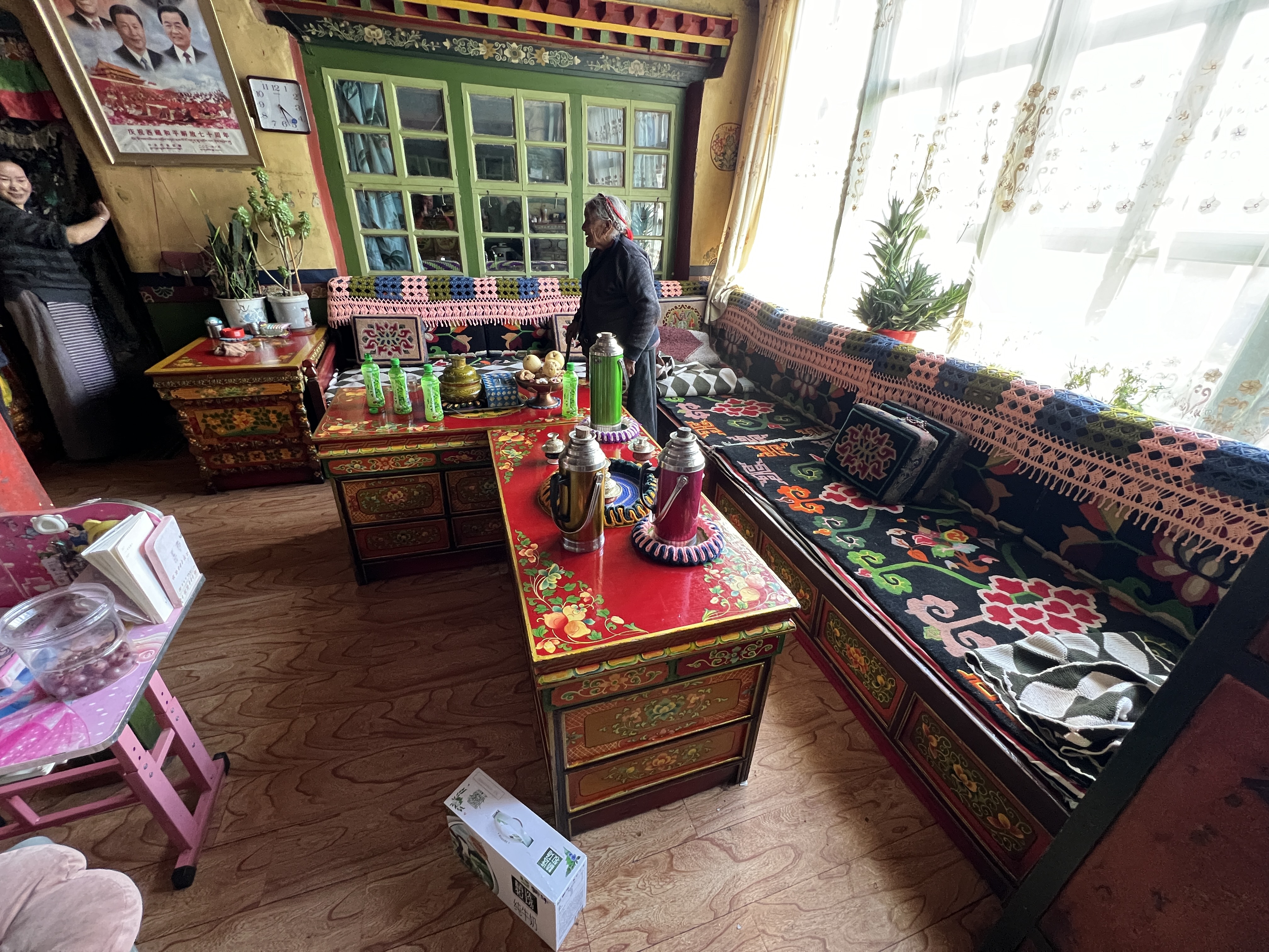 Finished Tibetan carpet in a traditional household setting