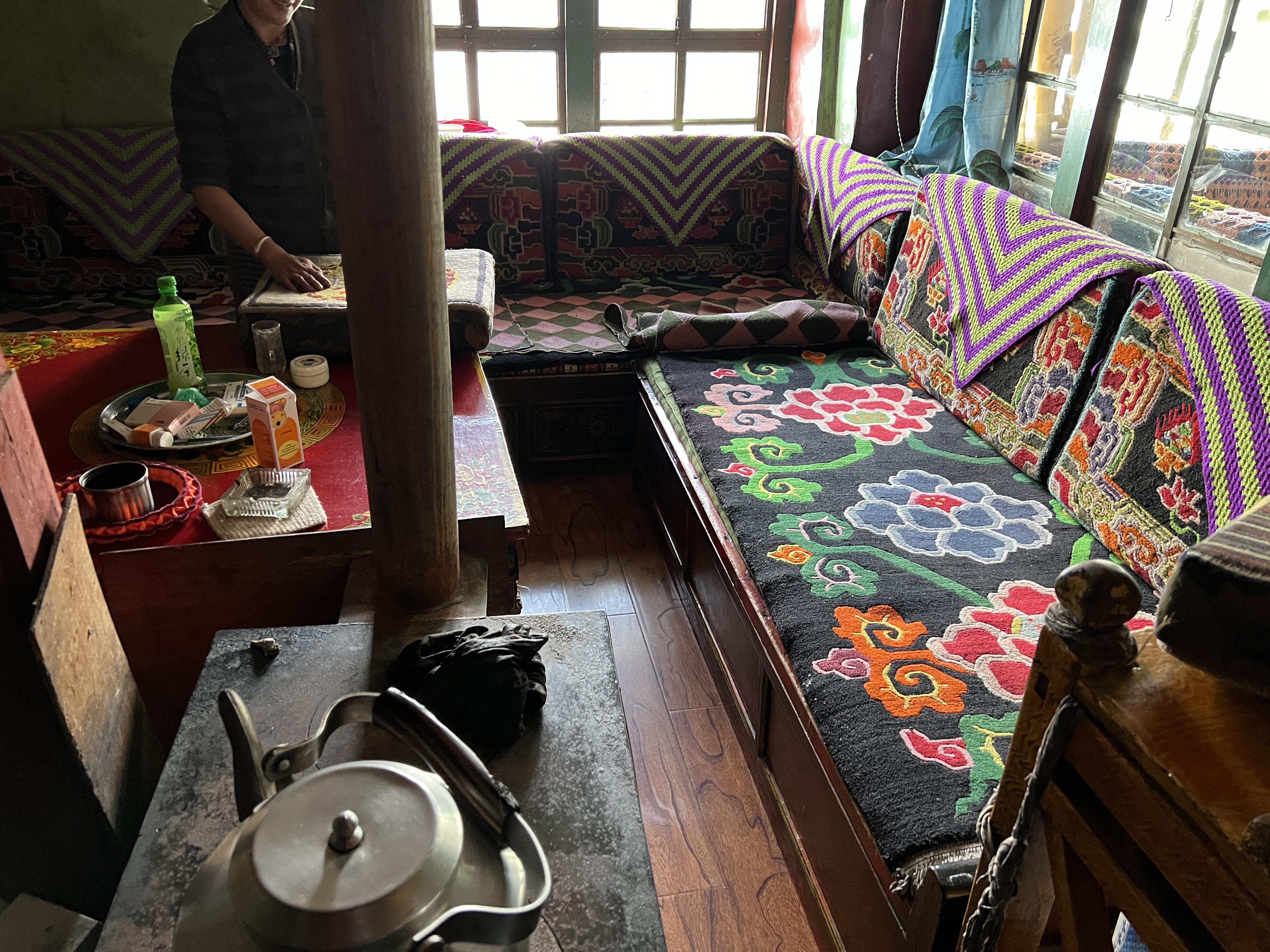 Antique Tibetan carpet detail showing intricate knotting