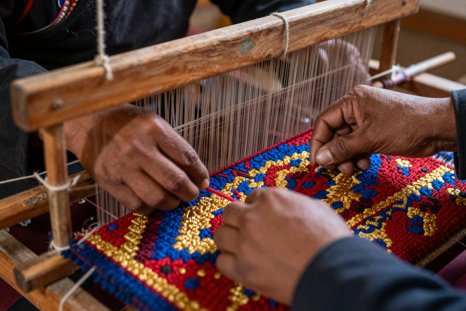Tibetan artisan hands weaving on a traditional loom